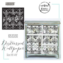 Load image into Gallery viewer, ReDesign with Prima Stencils & Die Cuts REDESIGN STENCIL – DISTRESSED WALLPAPER 18×21 – SHEET SIZE 18″X21″, DESIGN SIZE 16.5″X16.5″